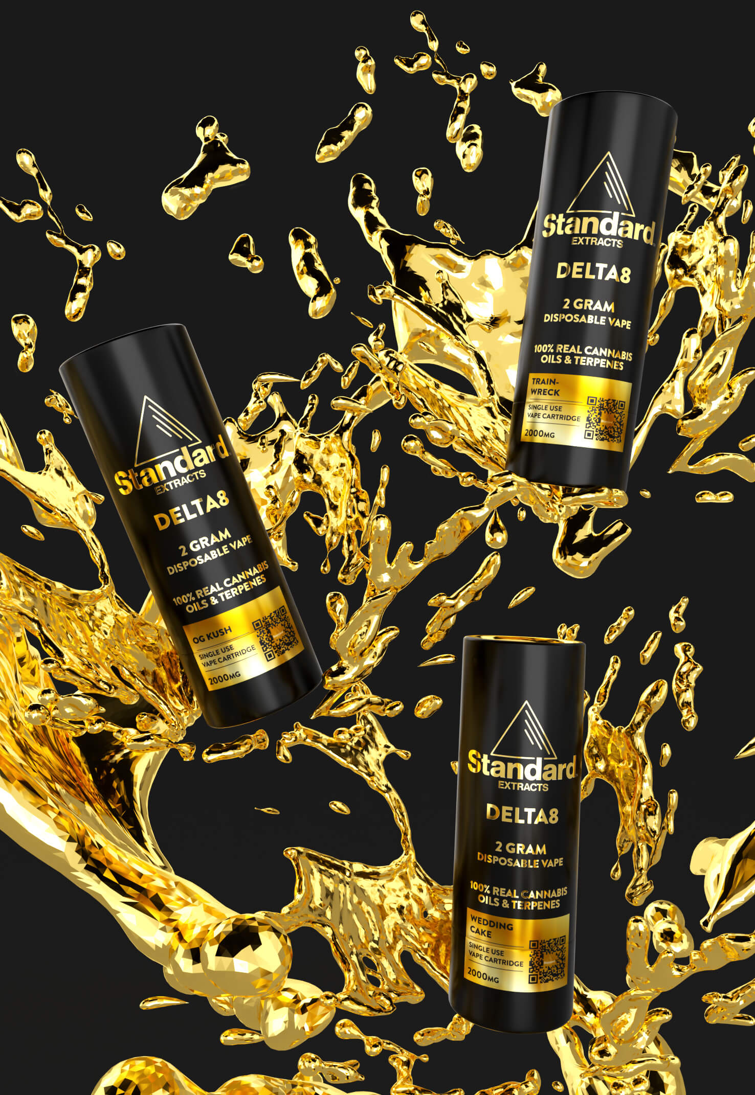 Three bottles of Delta-8 shimmering gold liquid splash dramatically against a sleek black background.