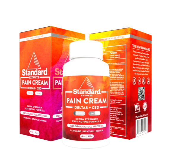 A bottle of standard pain cream, designed to relieve discomfort and soothe sore muscles.