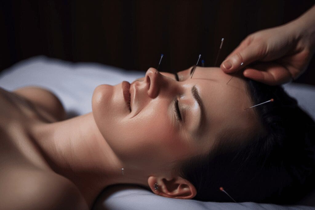 A person receiving acupuncture treatment on her face, with needles inserted at various points for pain relief.