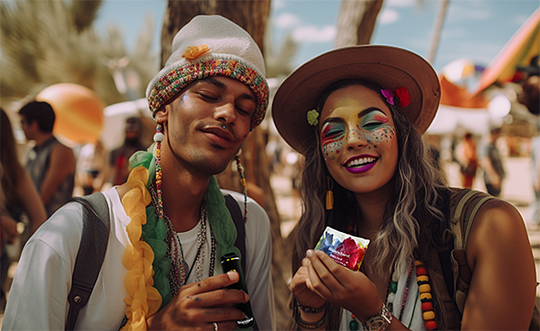 Two festival-goers adorned with vibrant makeup and hats, celebrating in a lively atmosphere filled with color.