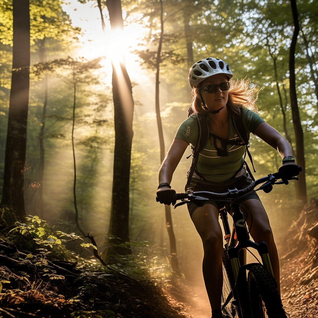 woman mountain biking through the forest