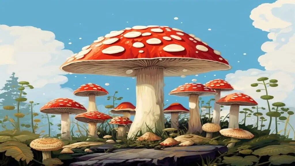 whimsical painting featuring colorful amanita mushrooms floating in a bright blue sky