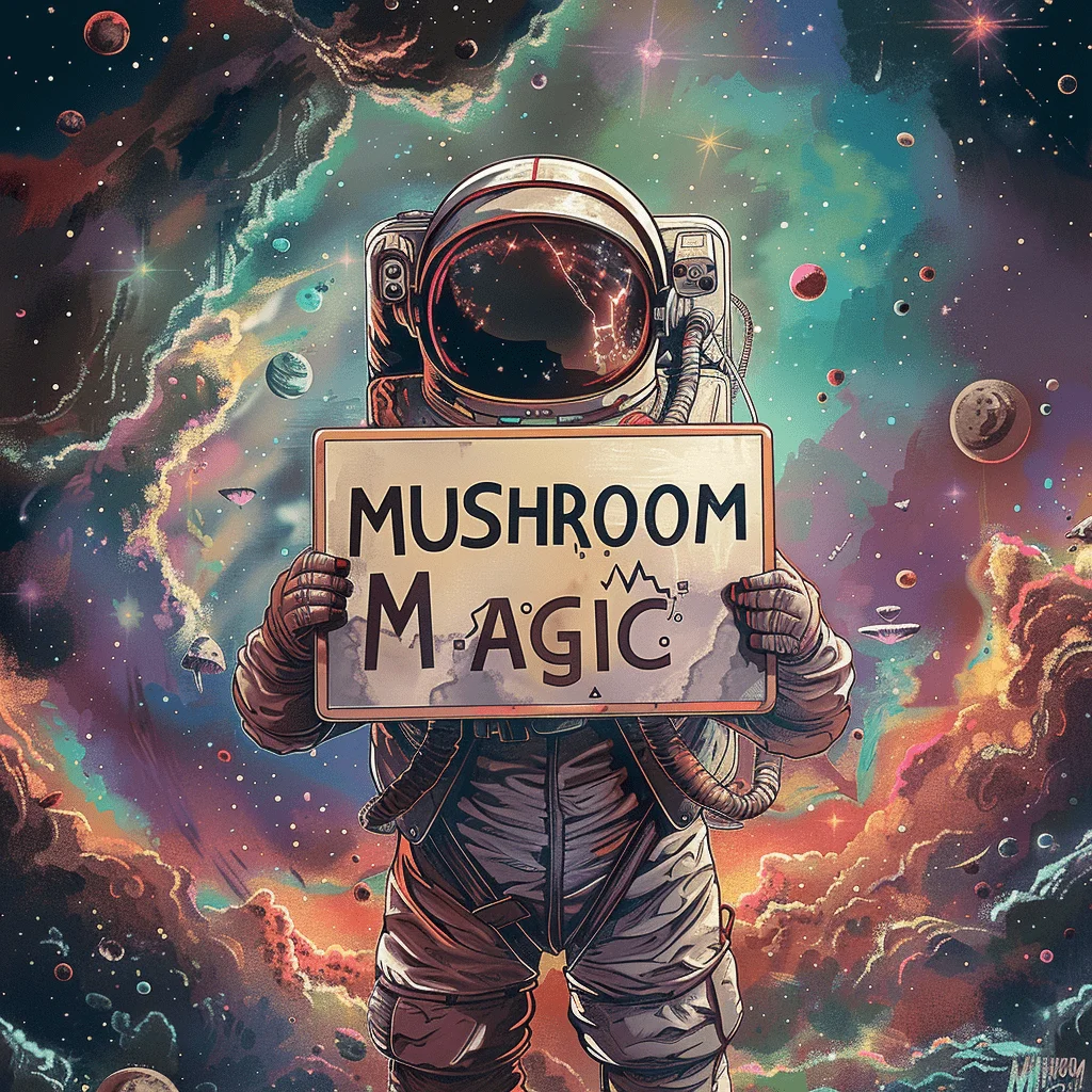 "Mushroom Magic" album art displaying a whimsical scene filled with bright, dreamy environment.