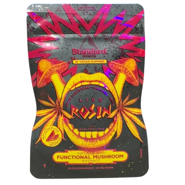 A bag of marijuana featuring a colorful monster graphic on the front, showcasing a fun and quirky design.