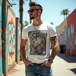 A man in a white t-shirt and jeans poses confidently in front of colorful graffiti art on a city wall.