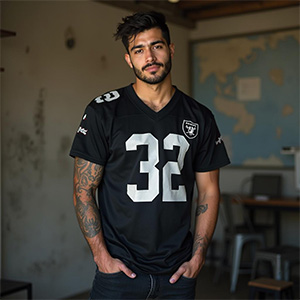 A man in a Raiders jersey stands confidently in a well-lit room