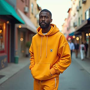 A man in an orange hoodie and sweatpants stands casually on a city street