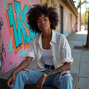 A woman sits on a curb, casually leaning against a colorful graffiti-covered wall.