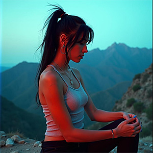 A woman relaxes on a rock, with stunning mountains rising in the background, embodying tranquility and natural splendor.