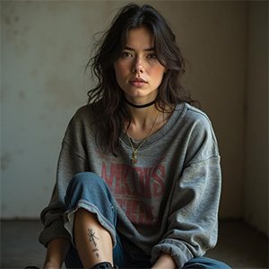 A woman sits on the floor in a cozy sweatshirt, looking relaxed and comfortable in her casual setting.