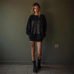 A woman wearing a black sweatshirt and boots stands confidently, showcasing a casual yet stylish outfit.