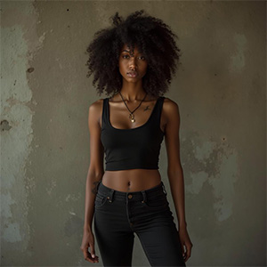 A woman sporting a vibrant afro, dressed in a black top and jeans, showcasing her unique style and personality.