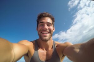 A man smiling as he takes a selfie with his smartphone, capturing a moment of joy.