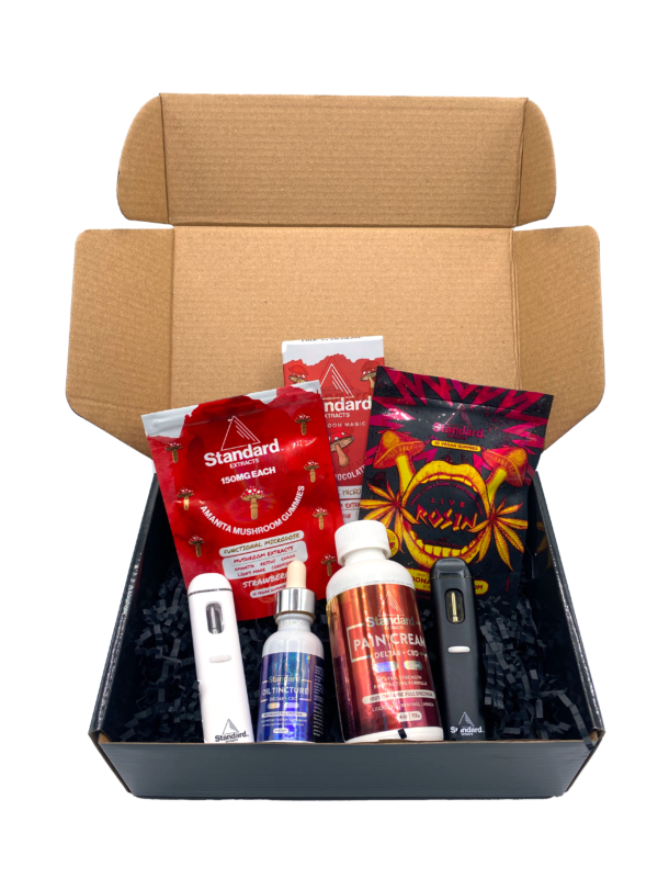 box of Standard Bliss products, vape pen black, Tincture, vape pen white, pain cream