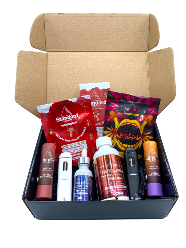 box of Standard Bliss products, vape pen black, Tincture, mint tincture, vape pen white,