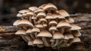 Close-up of a cluster of psilocybin mushrooms with visible gills and stems