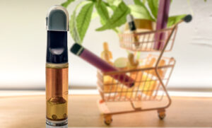 HHC CBD or THC vape cartridge and trolley with various Cannabis products