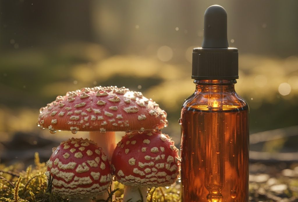 amanita muscaria mushroom with little bottle
