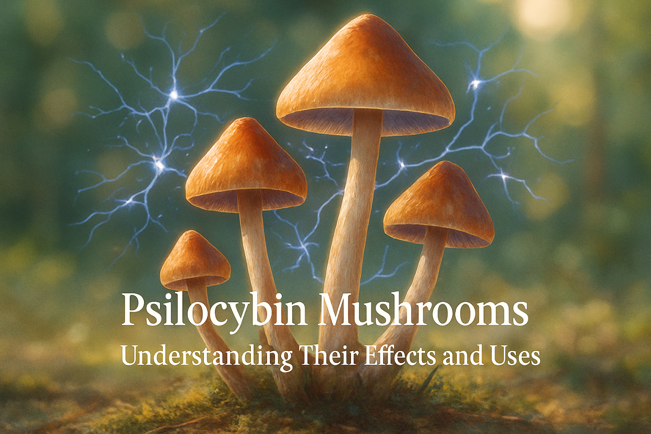 Four psilocybin mushrooms with glowing neural connections in the background, accompanied by the text: "Psilocybin Mushrooms - Exploring Their Effects and Uses.
